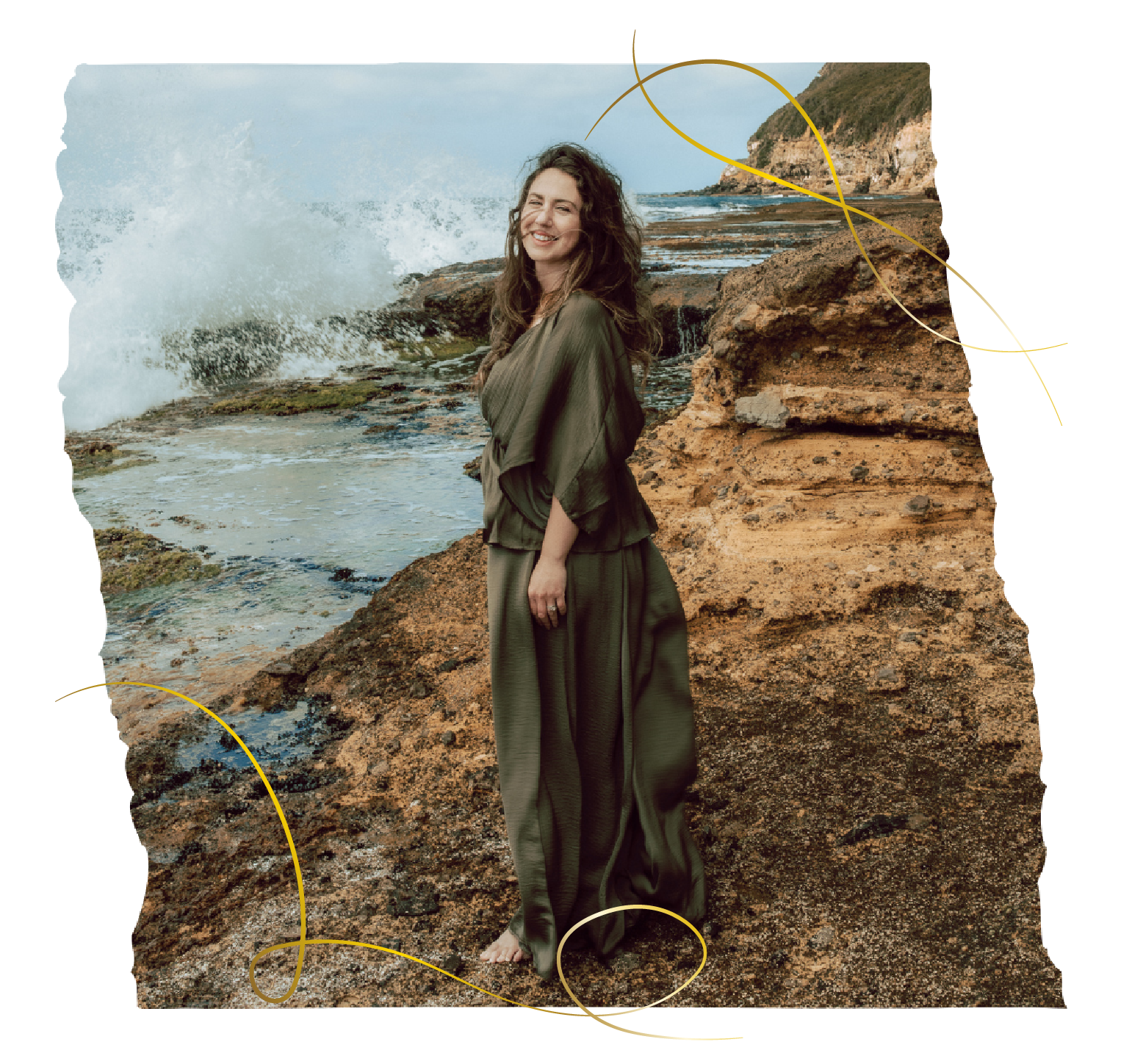 Ivana standing on coastal rocks with waves behind her for Soul Centred Psychotherapy