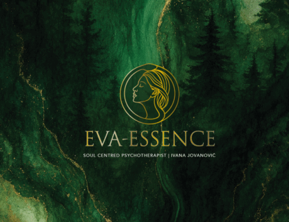 Eva-Essence gold logo on deep green forest background