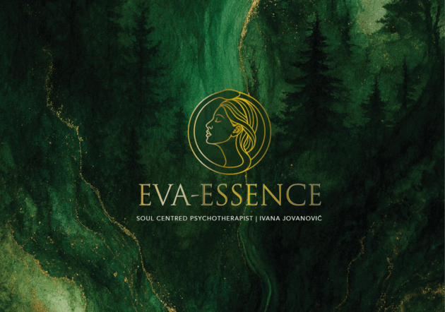 Eva-Essence gold logo on deep green forest background