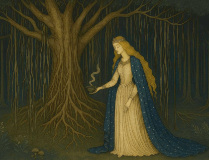 Medieval-style artwork showing a woman in a blue gown standing beneath a large tree