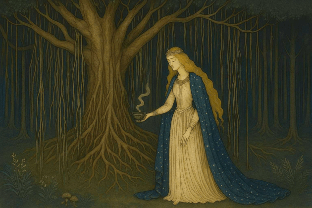 Medieval-style artwork showing a woman in a blue gown standing beneath a large tree