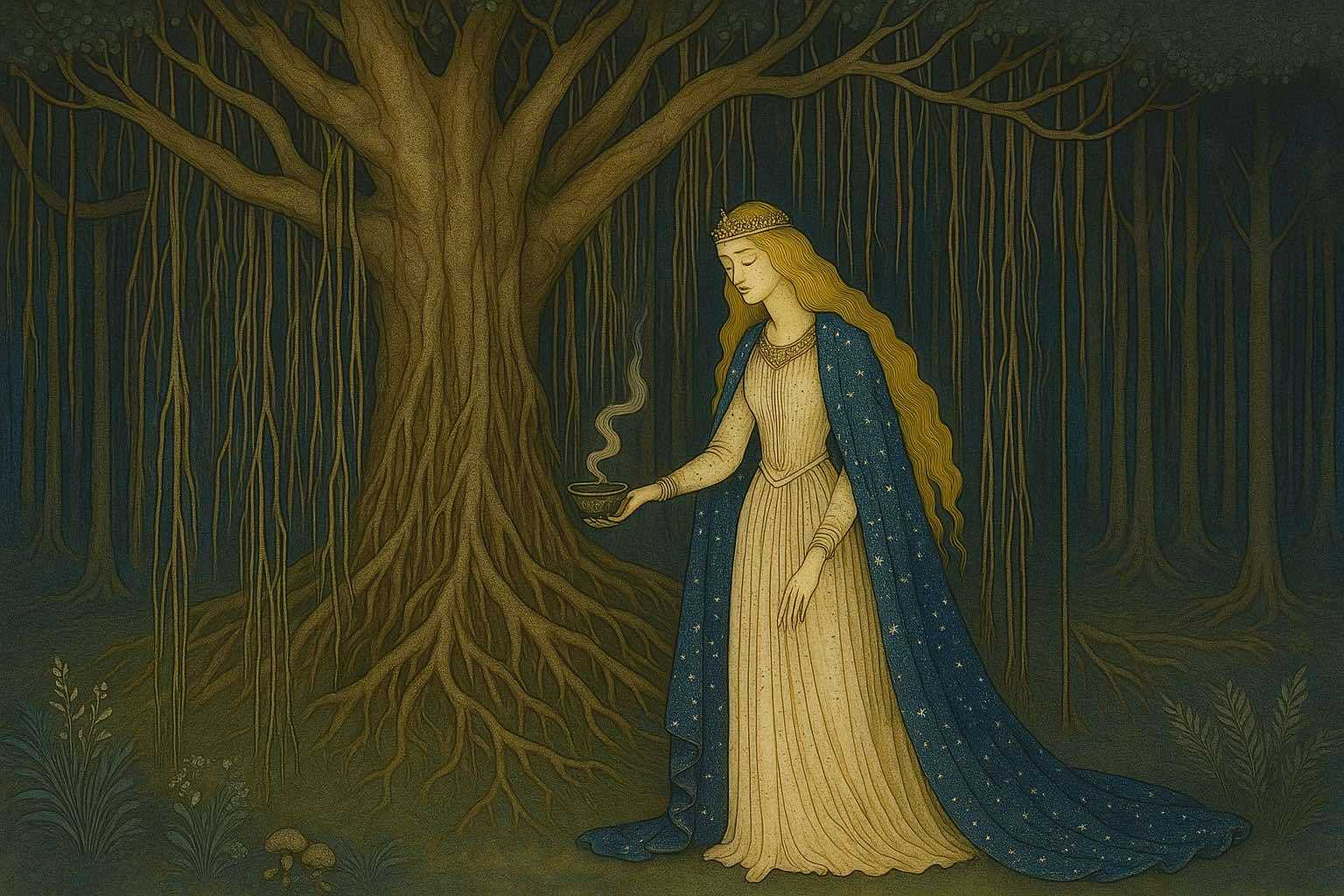 Medieval-style artwork showing a woman in a blue gown standing beneath a large tree
