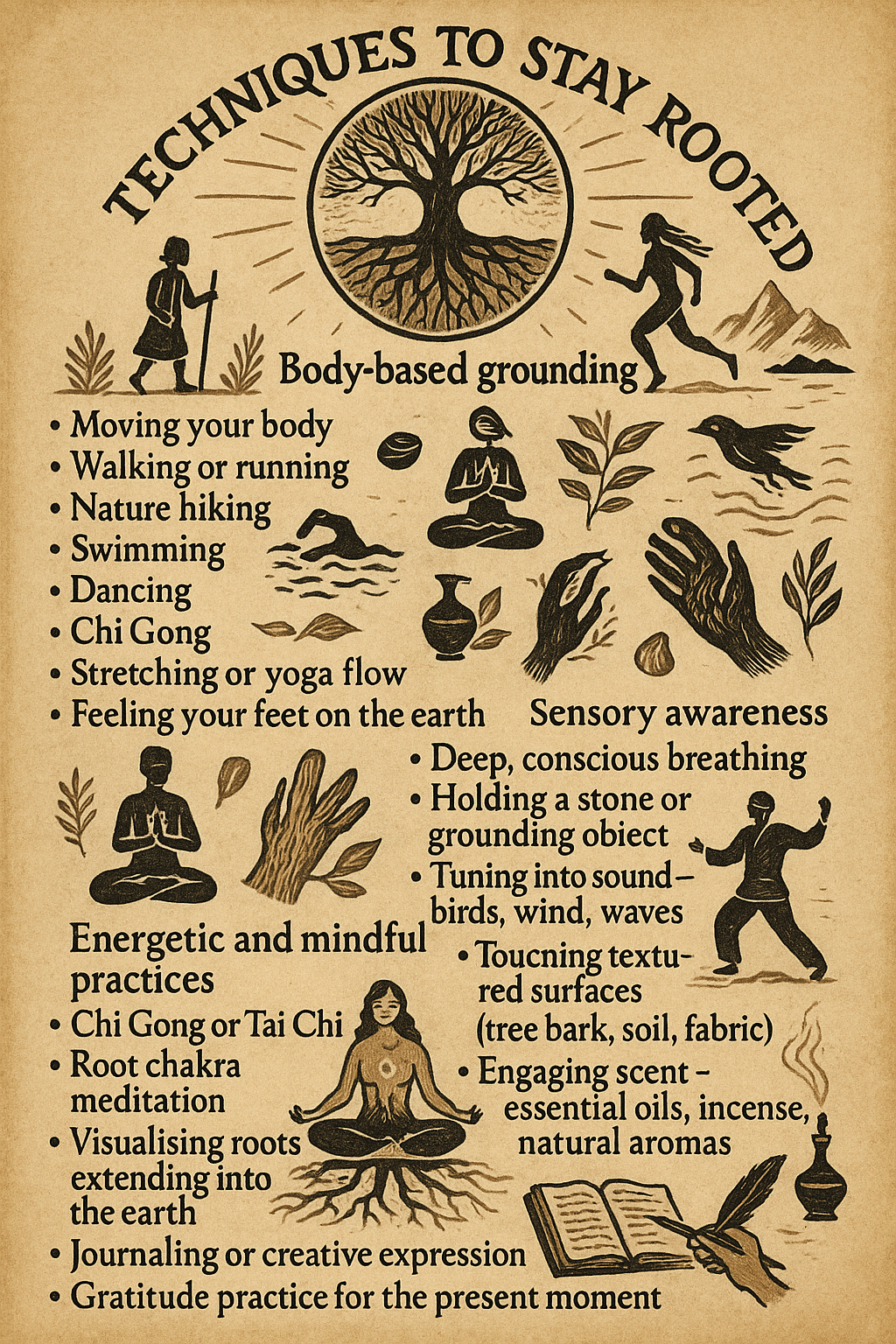 Illustrated grounding techniques chart showing body-based and sensory grounding practices