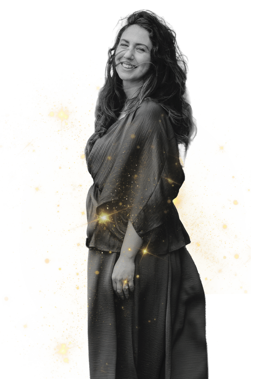 Portrait of Ivana smiling softly, wearing a flowing gown with gold flecks on a white background Portrait of Ivana smiling softly, wearing a flowing gown with gold flecks on a white background