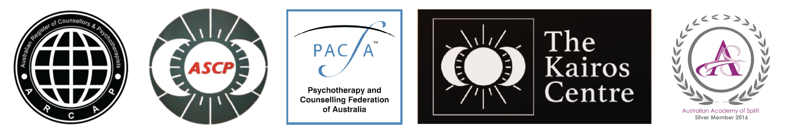 Accreditation logos including PACFA, ASCP, ARCAP, The Kairos Centre, and the Australian Academy of Spirit