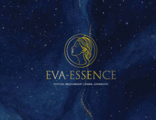 Eva-Essence gold line-art logo on a deep blue starfield background representing psychic mediumship.