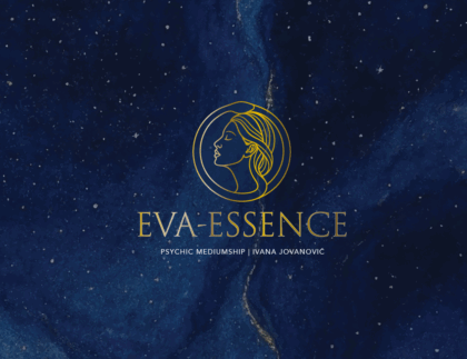 Eva-Essence gold line-art logo on a deep blue starfield background representing psychic mediumship.