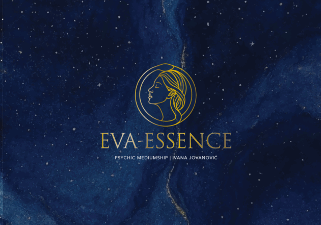 Eva-Essence gold line-art logo on a deep blue starfield background representing psychic mediumship.