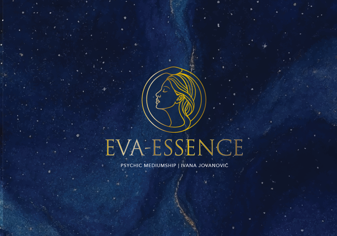 Eva-Essence gold line-art logo on a deep blue starfield background representing psychic mediumship.