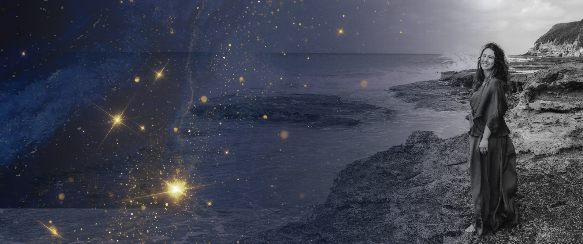 Portrait of Ivana looking toward the camera, wearing a flowing gown with gold flecks on a white background
