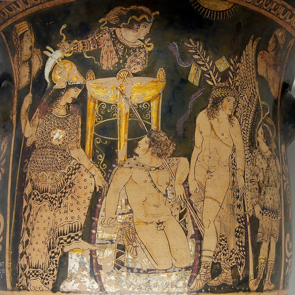 Ancient Greek vase painting showing the purification of Orestes, attributed to the Painter of Louvre K 65, with Athena, Orestes, and winged figures.