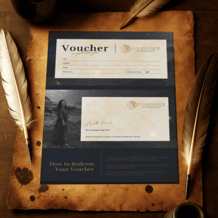 Elegant psychic mediumship gift vouchers displayed on a rustic wooden table with feathers, parchment and ink pot, promoting Eva-Essence spiritual session vouchers.