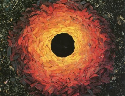 Leaf sculpture by Andy Goldsworthy showing a circular arrangement of red and orange leaves around a dark centre
