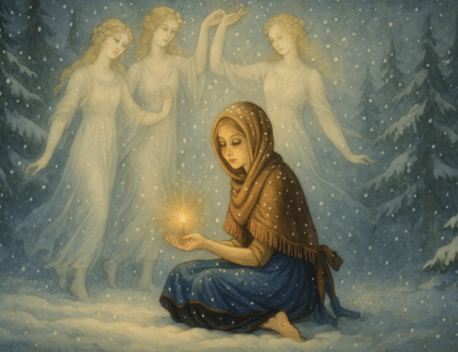 Illustration of a young woman sitting in the snow, holding a glowing light in her hands, while three ethereal, dancing figures resembling the Three Graces appear behind her among snowy pine trees.