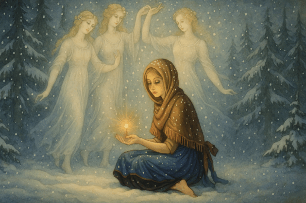 Illustration of a young woman sitting in the snow, holding a glowing light in her hands, while three ethereal, dancing figures resembling the Three Graces appear behind her among snowy pine trees.
