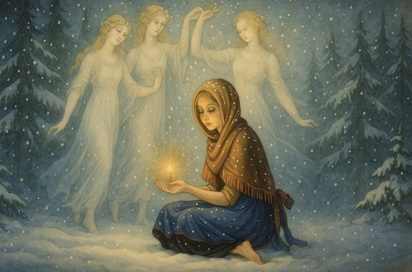 Illustration of a young woman sitting in the snow, holding a glowing light in her hands, while three ethereal, dancing figures resembling the Three Graces appear behind her among snowy pine trees.