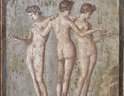 Ancient Roman fresco depicting the Three Graces standing in a circle, lightly touching one another’s hands, symbolising beauty, joy, and harmony.