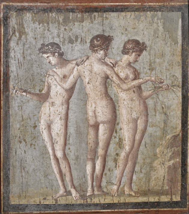 Ancient Roman fresco depicting the Three Graces standing in a circle, lightly touching one another’s hands, symbolising beauty, joy, and harmony.