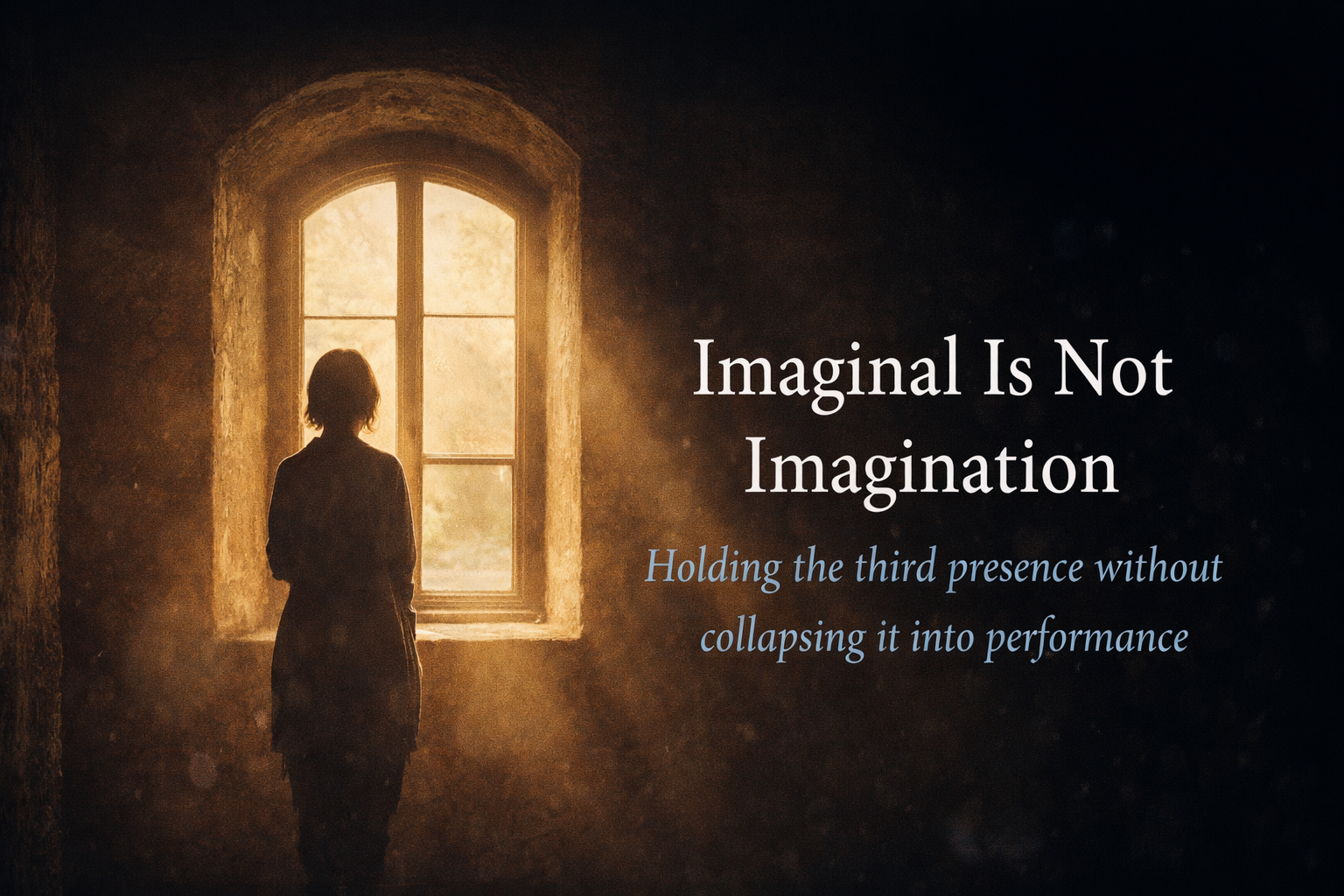 A silhouetted figure stands at a glowing window in a dark room beside the title Imaginal Is Not Imagination.