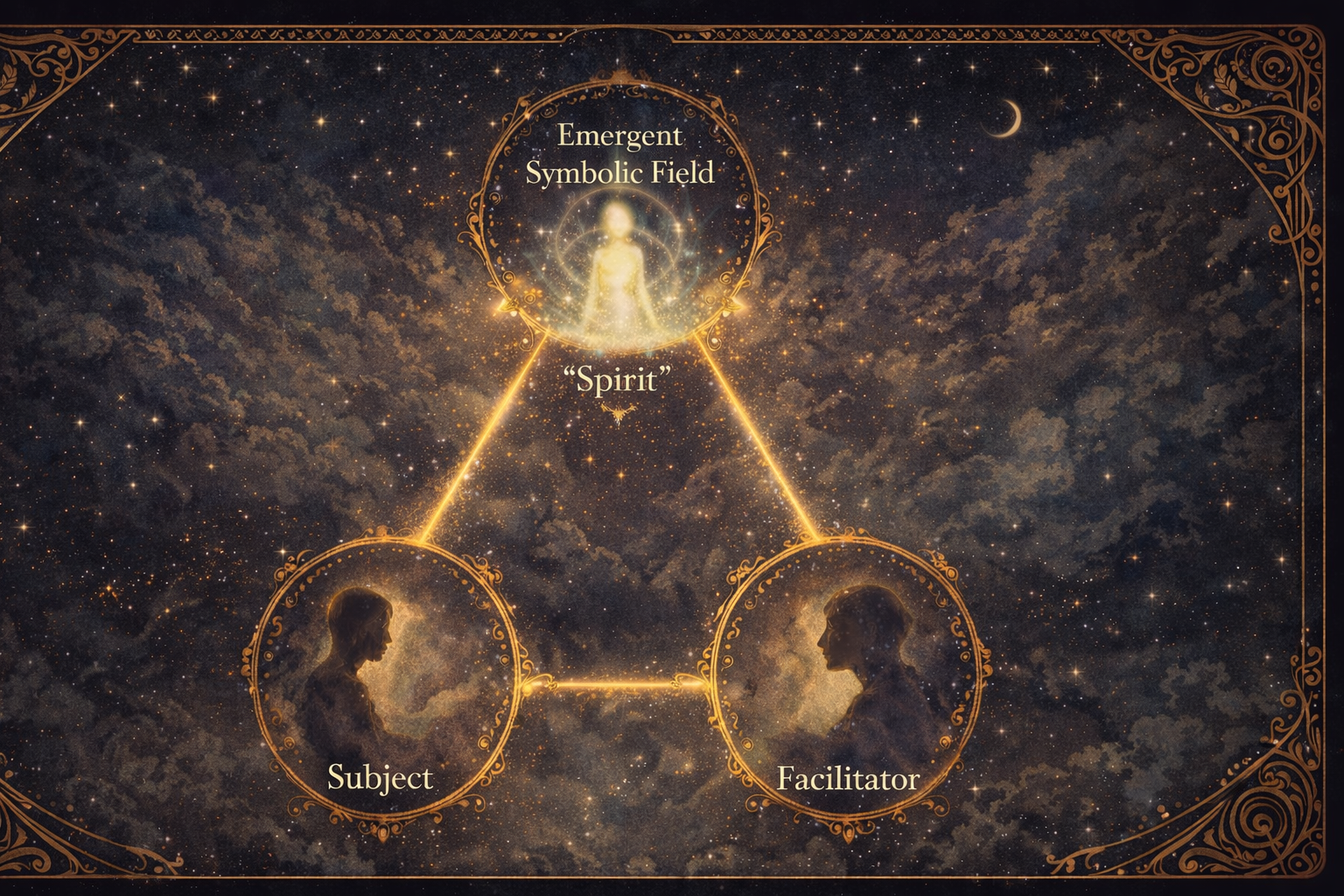 A mystical diagram with three connected circles labelled Emergent Symbols Field, Subject, and Facilitator, glowing against a starry sky.