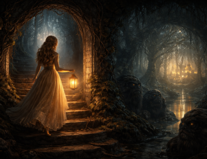 A woman in a flowing dress holds a lantern as she stands in a shadowy arched doorway leading into a dark enchanted forest.