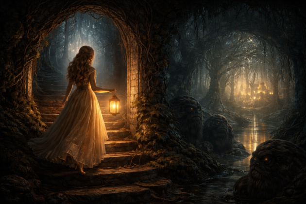 A woman in a flowing dress holds a lantern as she stands in a shadowy arched doorway leading into a dark enchanted forest.