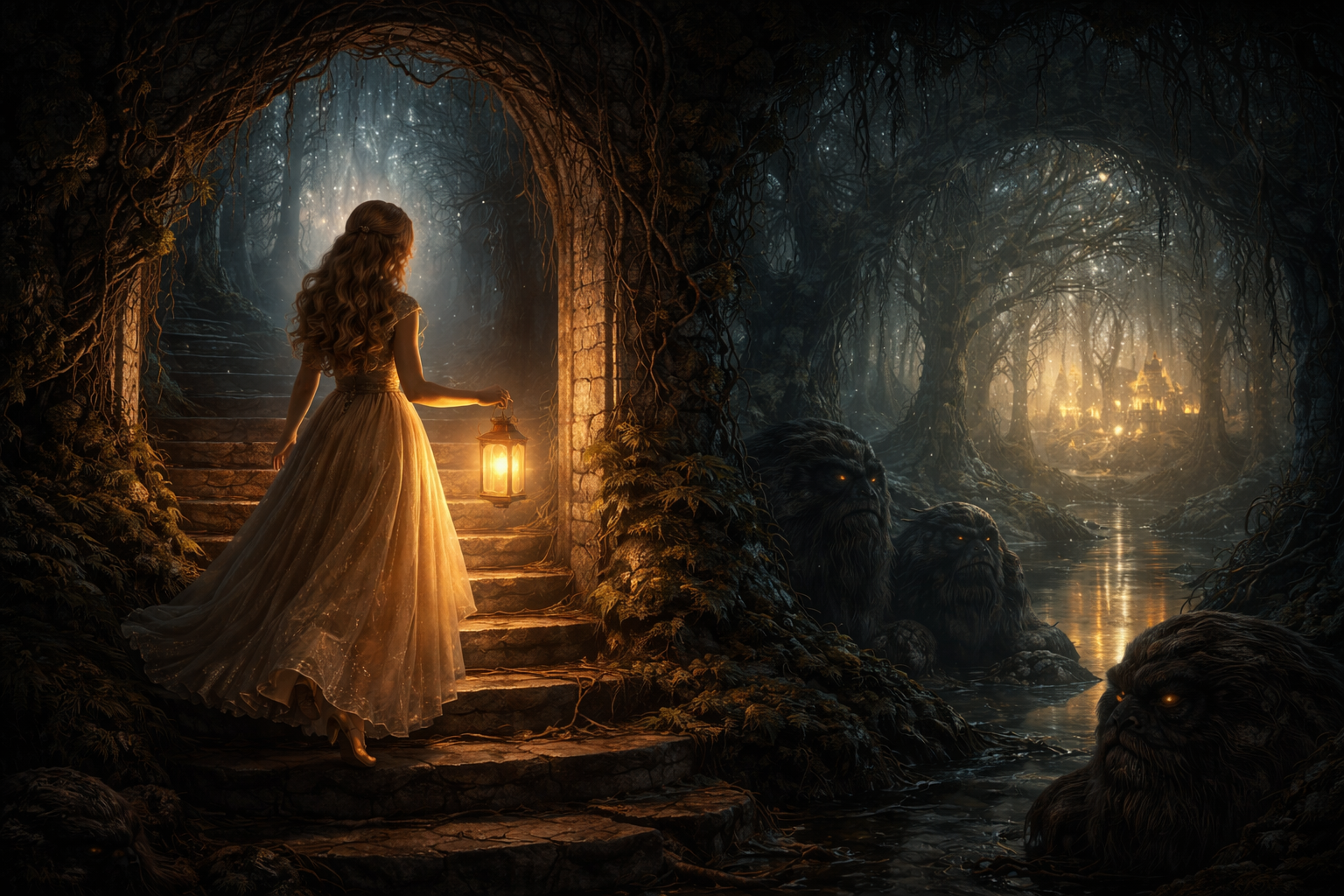 A woman in a flowing dress holds a lantern as she stands in a shadowy arched doorway leading into a dark enchanted forest.
