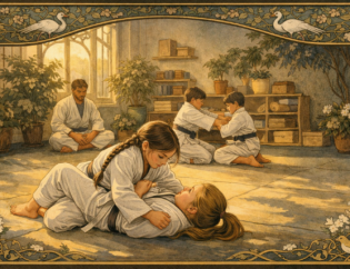 Children practising martial arts in a sunlit studio, with two girls sparring in the foreground and an instructor seated in the background.