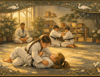 Children practising martial arts in a sunlit studio, with two girls sparring in the foreground and an instructor seated in the background.