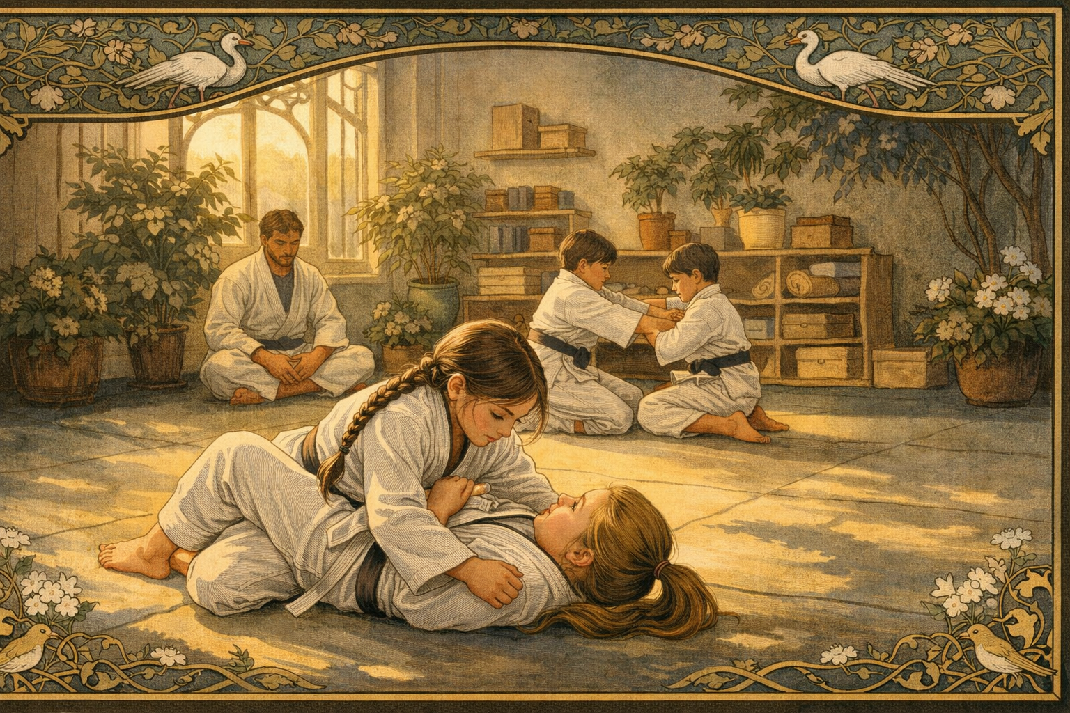Children practising martial arts in a sunlit studio, with two girls sparring in the foreground and an instructor seated in the background.