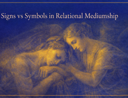 Soft, dreamlike artwork in deep blue and gold showing two ethereal figures leaning together beneath the title Signs vs Symbols in Relational Mediumship.