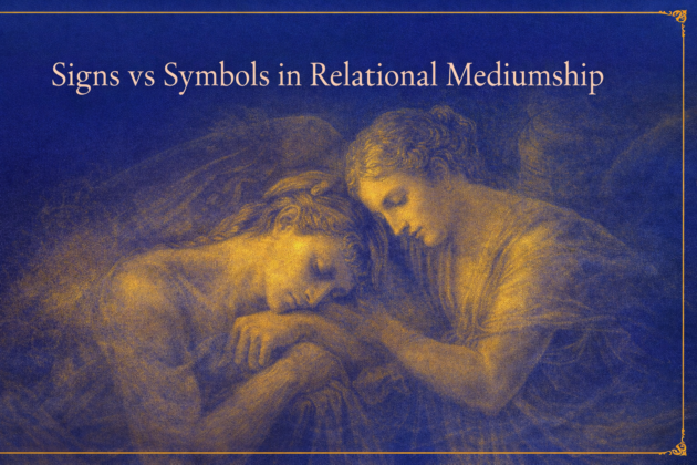 Soft, dreamlike artwork in deep blue and gold showing two ethereal figures leaning together beneath the title Signs vs Symbols in Relational Mediumship.