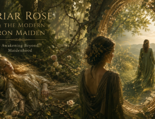 Dreamlike artwork of a woman standing before a thorn-covered forest, symbolising Briar Rose, feminine psychology and the modern maiden archetype.