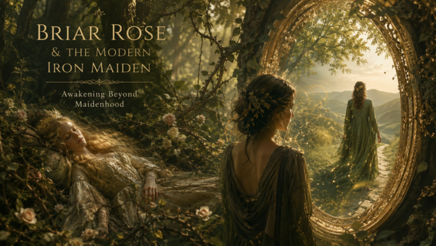Dreamlike artwork of a woman standing before a thorn-covered forest, symbolising Briar Rose, feminine psychology and the modern maiden archetype.