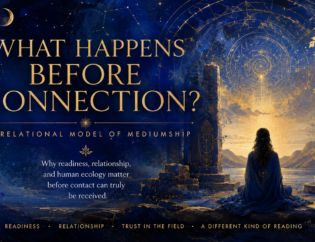 Blue and gold spiritual artwork of a woman seated before an arched doorway, representing mediumship, stillness and intuitive connection.