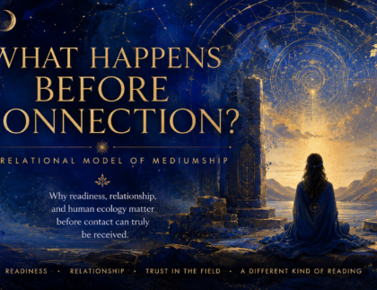 Blue and gold spiritual artwork of a woman seated before an arched doorway, representing mediumship, stillness and intuitive connection.