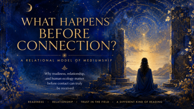 Blue and gold spiritual artwork of a woman seated before an arched doorway, representing mediumship, stillness and intuitive connection.